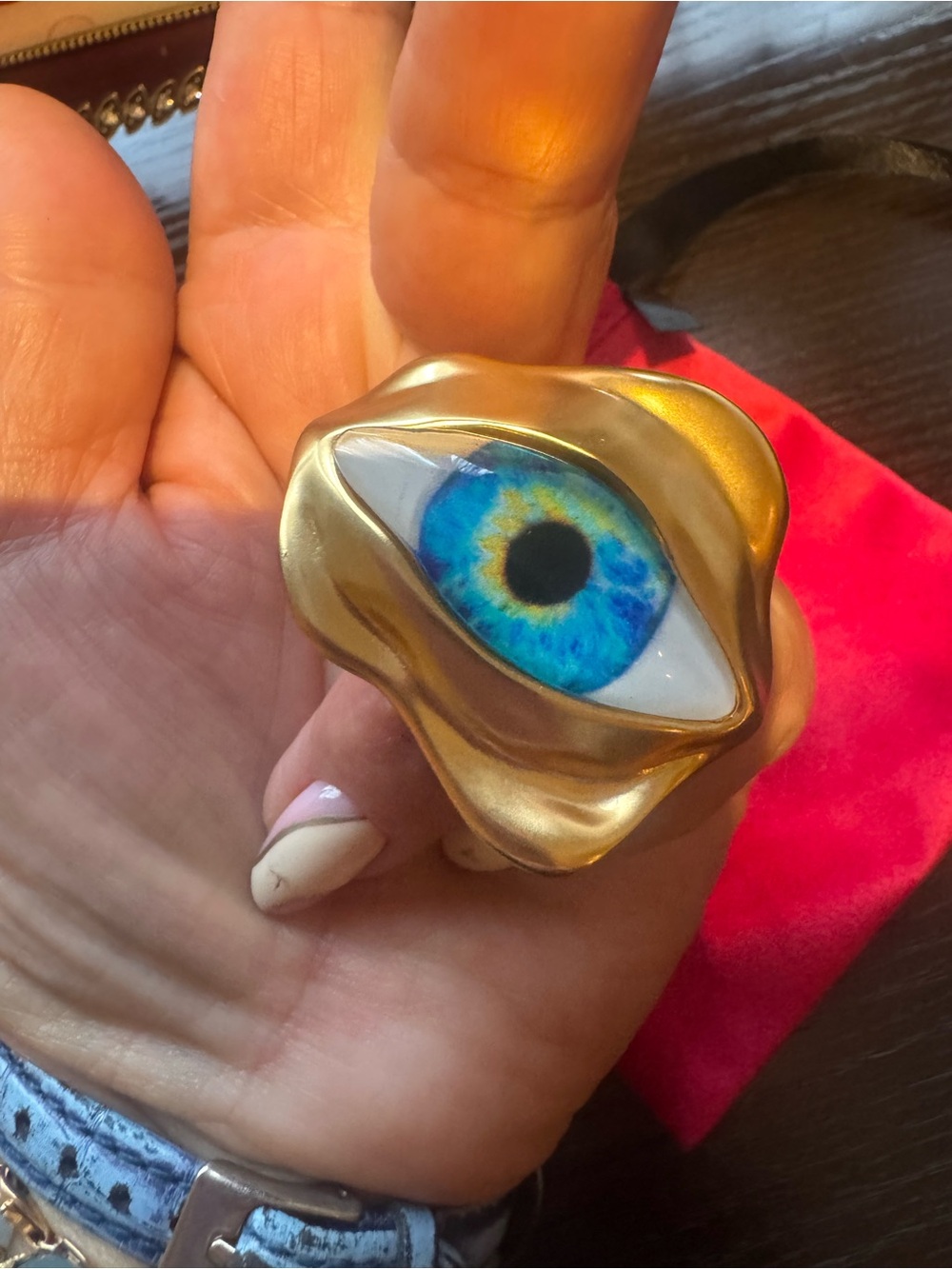 Schiaparelli  gold tone Eye Statement Ring with Blue Center adjustable